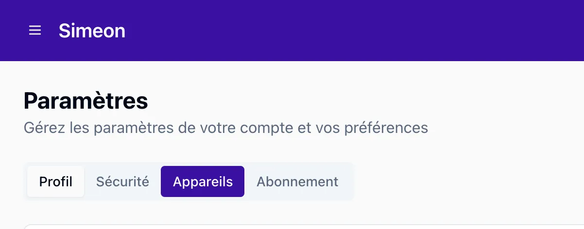 Menu Appareils
