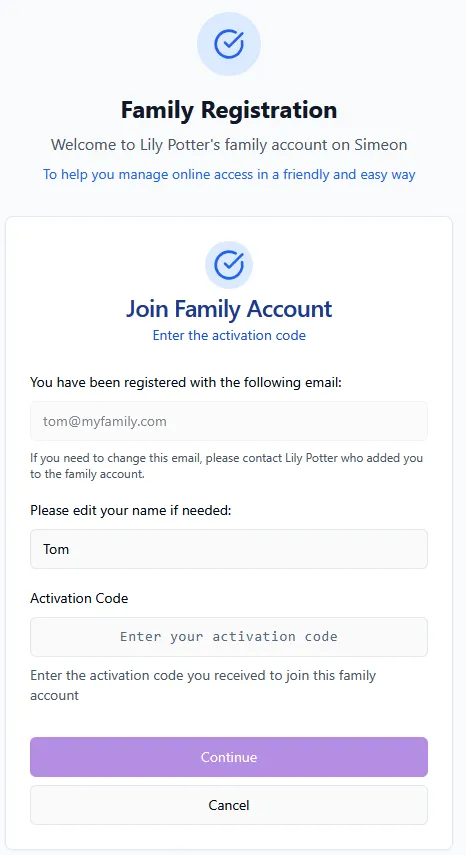 Registration form for joining a family in Simeon.