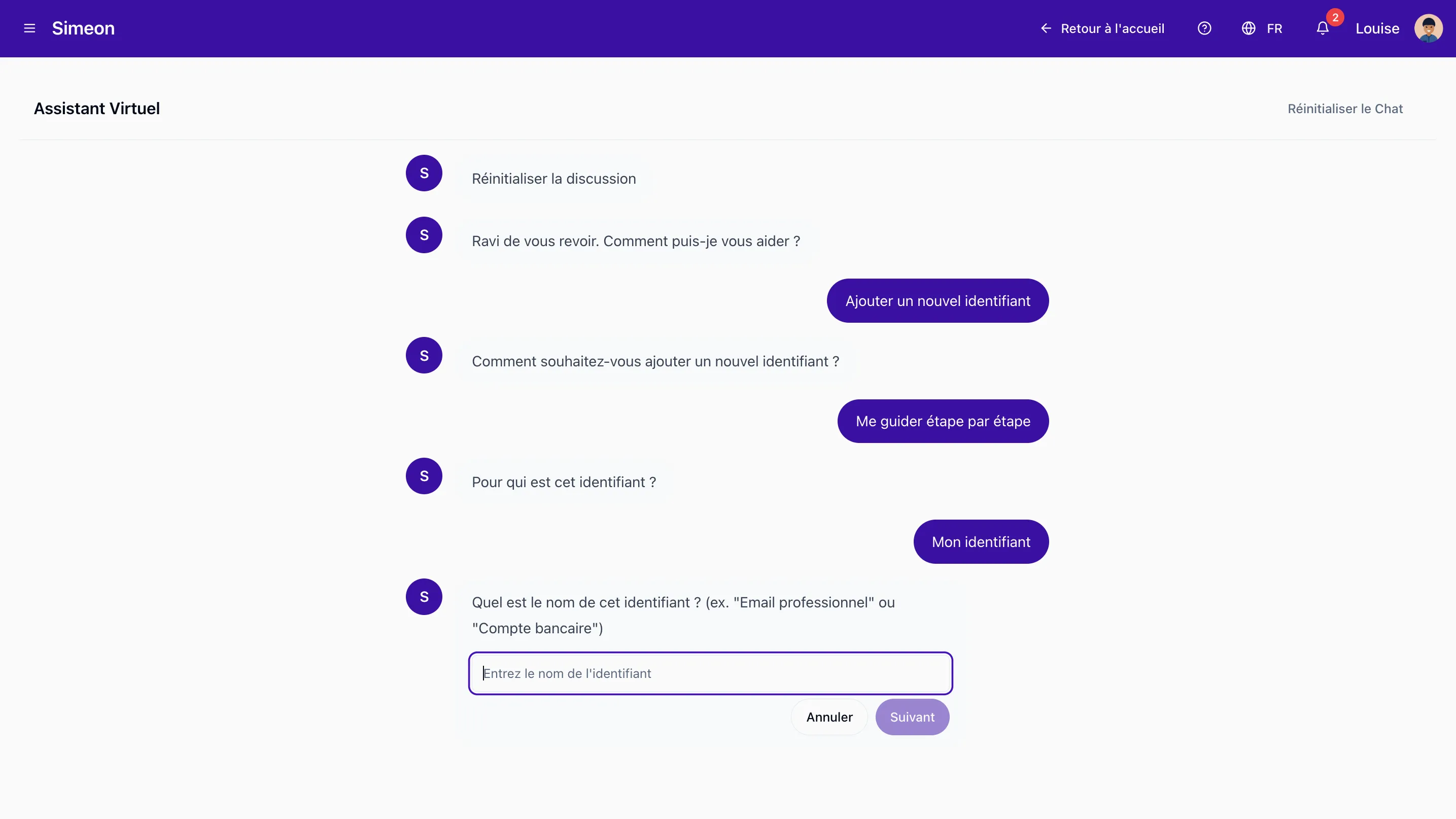 Conversation avec l’assistant Simeon au sujet de l’ajout d’un identifiant enregistré.
