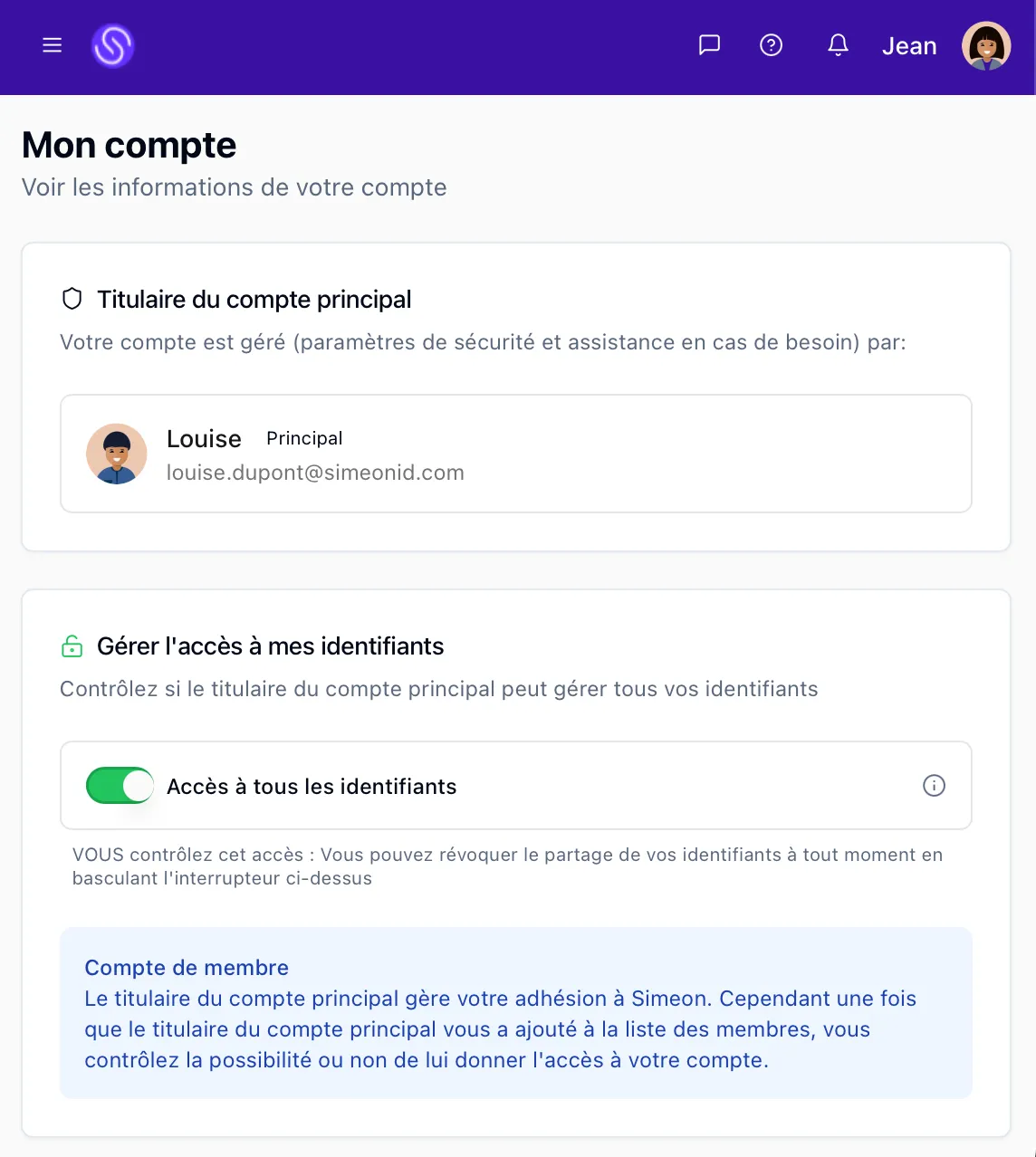 Réglages du compte principal, avec un interrupteur autorisant l’accès aux identifiants.