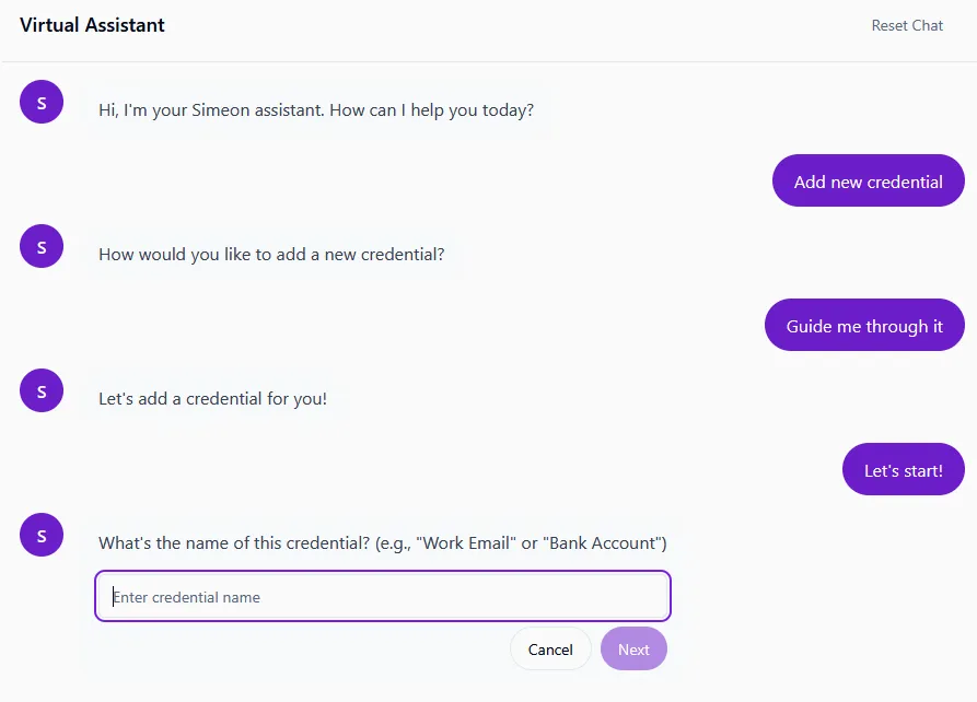Simeon assistant conversation about adding a saved login.