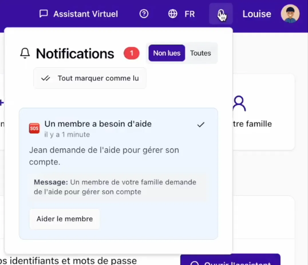 Notification indiquant qu’un membre de la famille demande de l’aide.