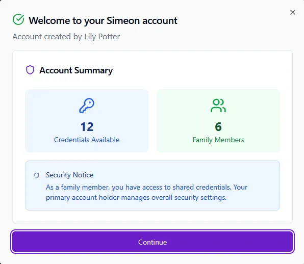 Simeon account summary showing saved logins, family members and a security notice.