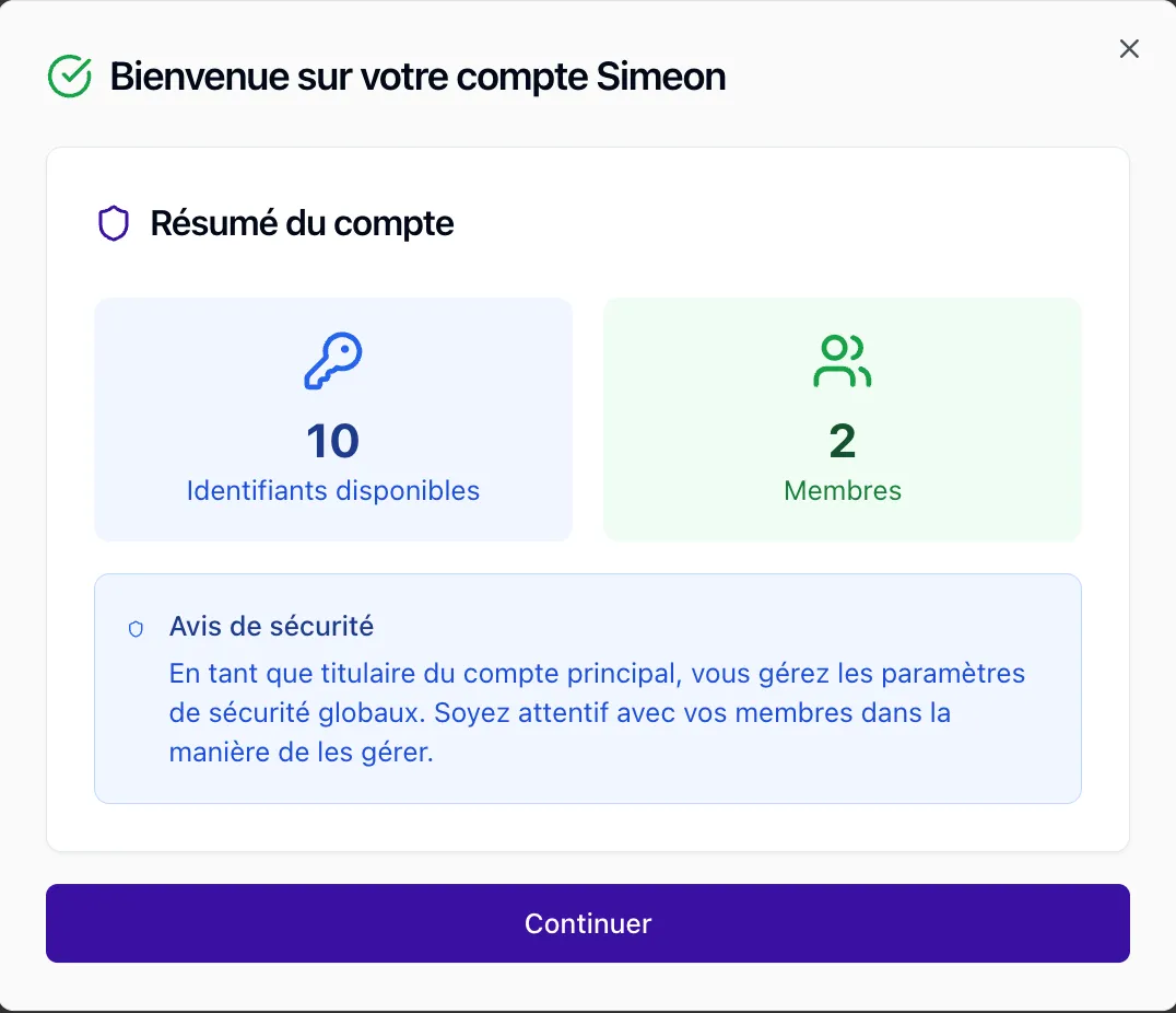 Résumé du compte Simeon : identifiants enregistrés, membres de la famille et avis de sécurité.